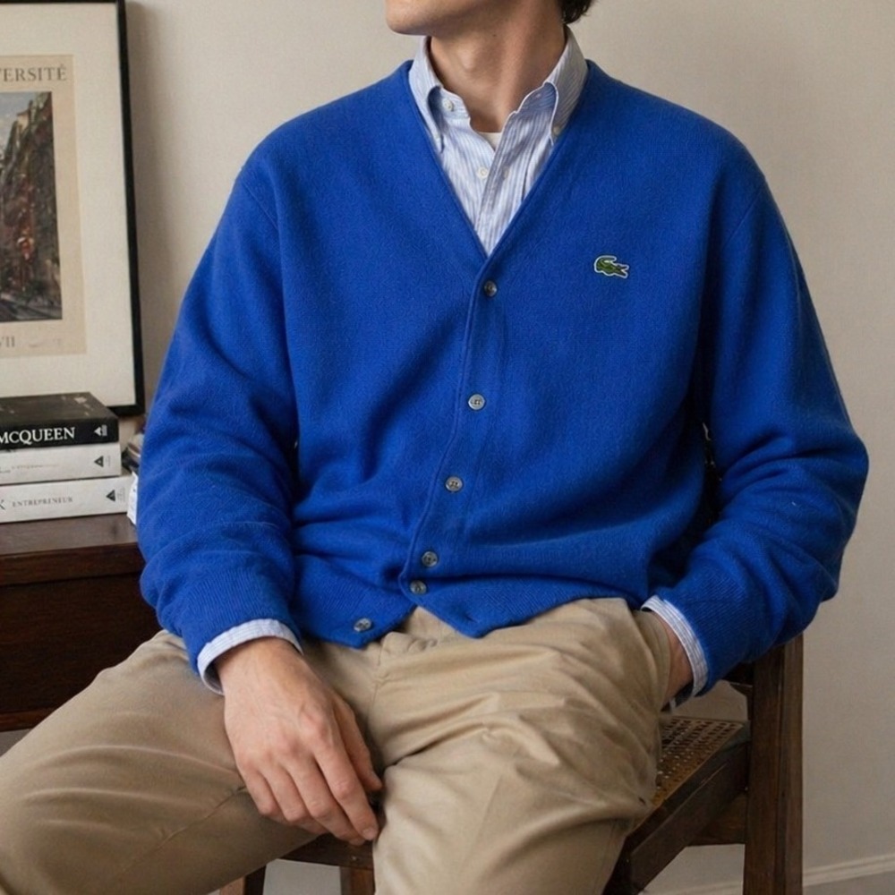 Vintage 80s Izod Lacoste Cardigan Sweater XL Blue Orlon Acrylic V Neck Alligator - Picture 2 of 8